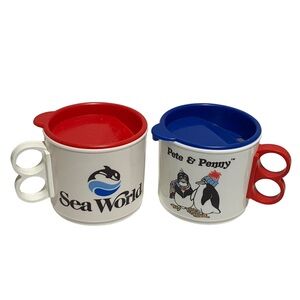 Vintage Sea World Pete & Penny Penguin Handle Kids Cup w Lid Lot of 2